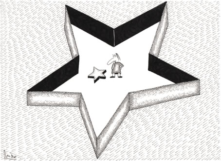 Cartoon by Mitra Divshali, exhibited in the Ravello solo show, 1995