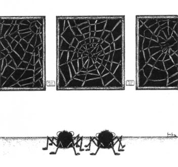 Cartoon by Mitra Divshali, published in L'Unità, exhibited in the Ravello solo show, 1995